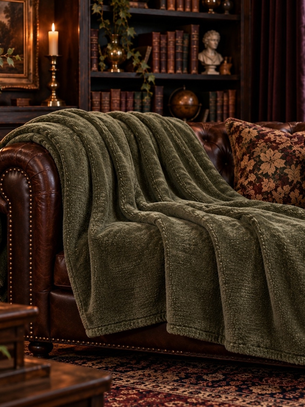 Dark Acadamia Olive Green Chenille Knit Throw NWT